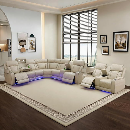 Power Leather Recliner Sectional Sofa with LED Light,L Shaped Reclining Couch with USB Charger/Cup Holder/Storage,Leather Sofa for Living Room Furniture Sets(Beige,Sectional+2 Seats)
