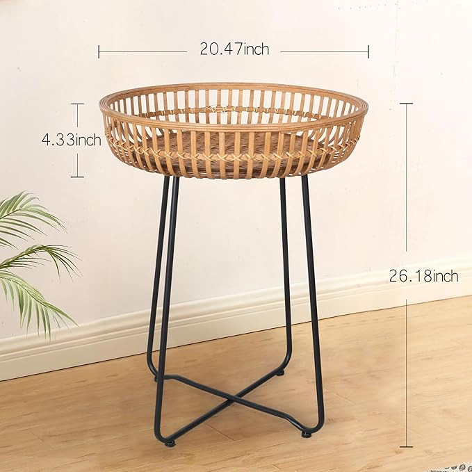 Oakrain Small Side Table, Boho Coffee Table, Bamboo&Rattan, DrinkTable with Boho Style, for Balcony, Living Room, Bedroom (20.47inch, 1PCS)