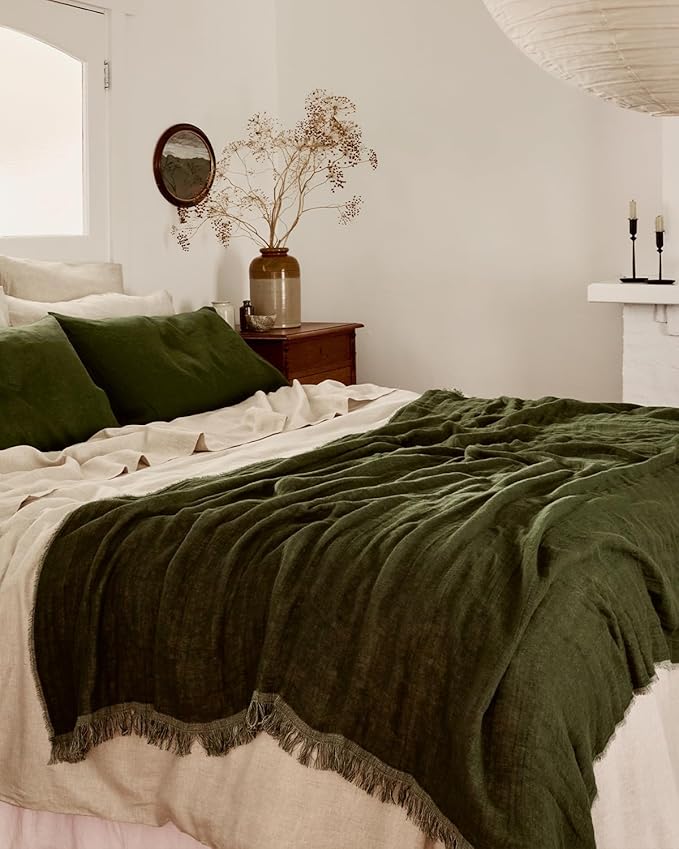 Bed Threads - Linen Muslin Throw - 100% French Flax Linen - Double-Layered & Frayed Edge - Eco-Friendly - Soft & Delicate Blanket - Two-Tone Design - Machine Washable - 87” x 59” - Oatmeal/Olive