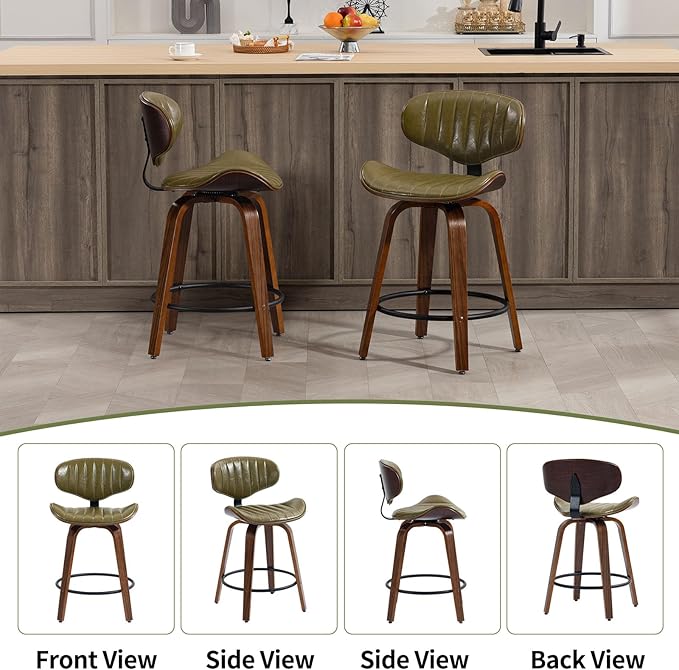 Modern Bar Stools Set of 3, 24 inch PU Leather Wooden Bentwood Barstools Counter Height Swivel Breakfast Bar Chair with Backrest Footrest for Kitchen Island, Dining Room D035-Olive Green-3