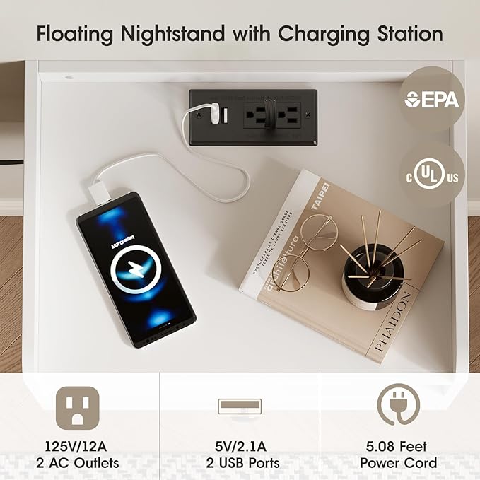 Floating Nightstand Set of 2 Modern Night Stands with Drawer and Open Shelf Cubby Small Bedside End Table with Charging Station Wall Mounted Nightstands Set 2 for Bedroom White