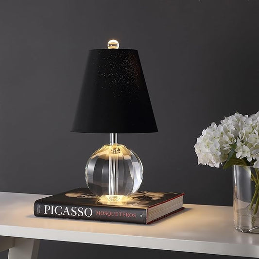 JONATHAN Y 16" Clear/Black Crystal Ball LED Table Lamp, White Modern Bedside Lamp, with White Linen Empire Shade, Glam Orb Glass Nightstand Lamp for Living Room, LED Bulb (JYL2079B)