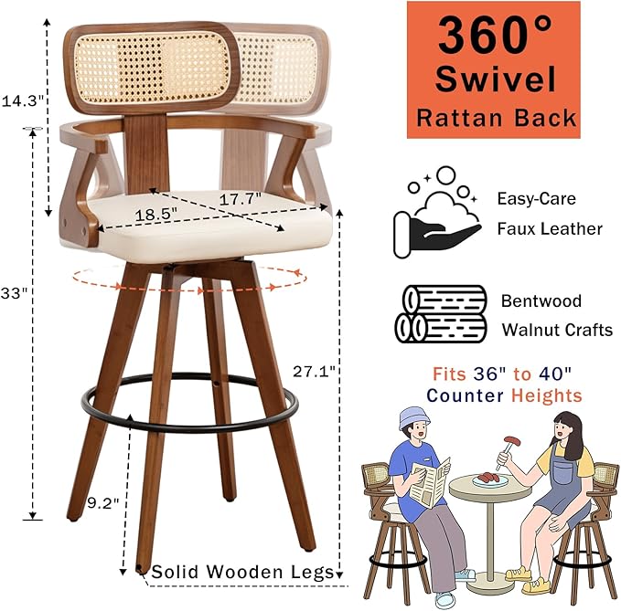 Set of 4 Counter Height Bar Stools - 27 inch Swivel Counter Stools with Walnut Craftsmanship, Cane Back, Upholstered Faux Leather, Kitchen Island Stools for Island/Pub/Kitchen (27" Seat Height, Beige)