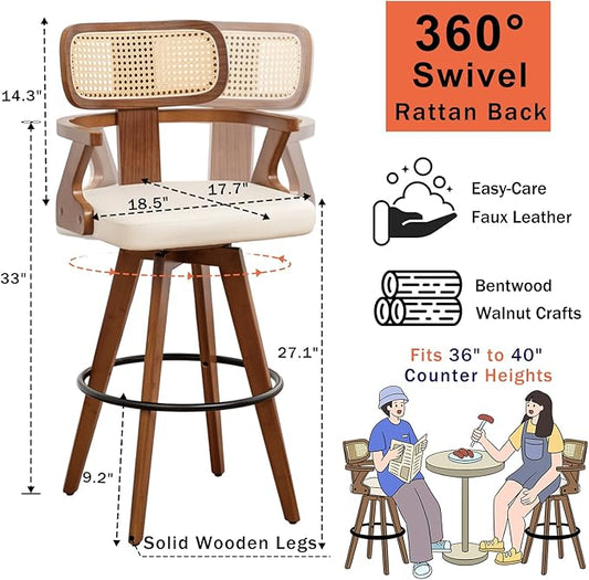 Set of 2 Counter Height Bar Stools - 27 inch Swivel Counter Stools with Walnut Craftsmanship, Cane Back, Upholstered Faux Leather, Kitchen Island Stools for Island/Pub/Kitchen (27" Seat Height, Beige)