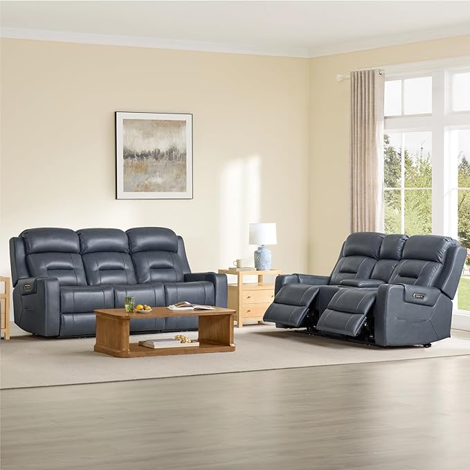 Watson & Whitely Genuine Leather Power Loveseat and Recliner Sofa Set, Lay Flat Reclining Couch with Console, Power Headrest, USB & Wireless Charging, Cup Holders for Living Room, Navy Blue