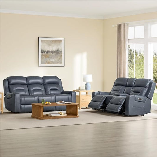 Watson & Whitely Genuine Leather Power Loveseat and Recliner Sofa Set, Lay Flat Reclining Couch with Console, Power Headrest, USB & Wireless Charging, Cup Holders for Living Room, Navy Blue
