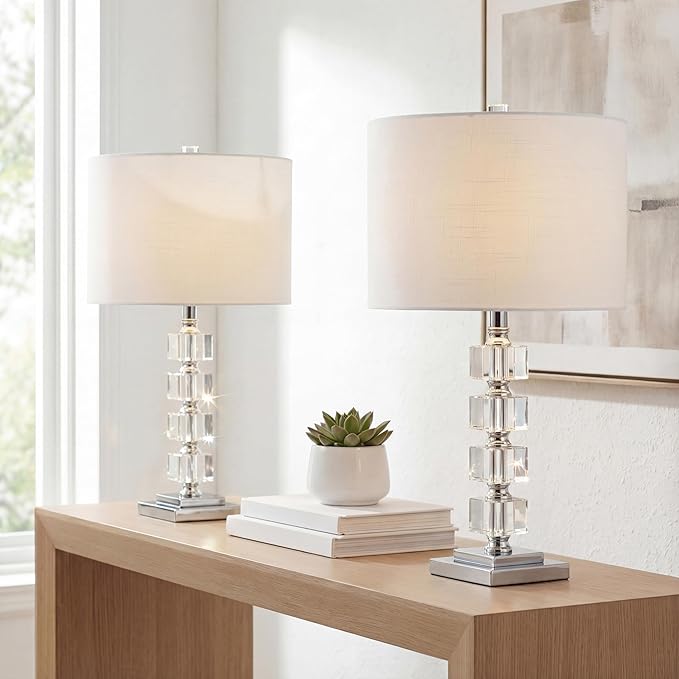 JONATHAN Y 22" Clear Crystal and Chrome Stacked Cube Table Lamp Set of 2, Glam Contemporary Nightstand Lamps with White Linen Drum Shade, LED Bulbs Included JYL5040A-SET2