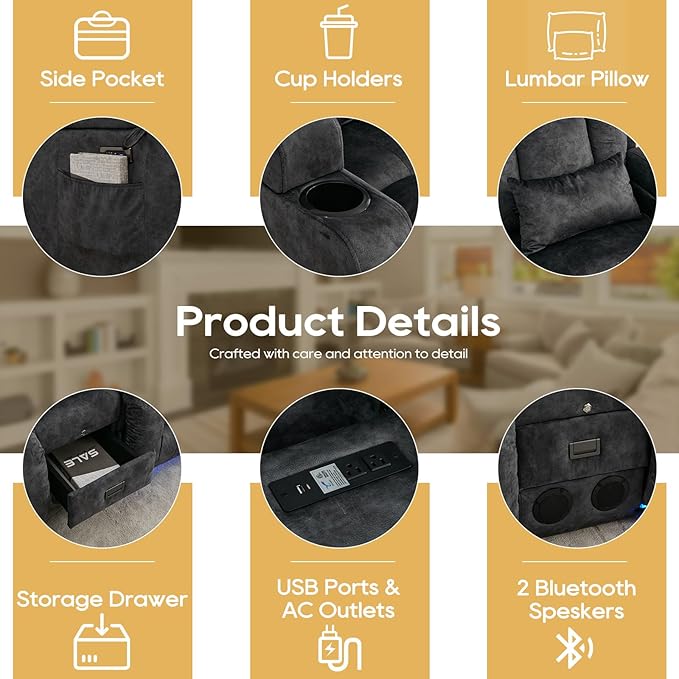 IPKIG Power Recliner Sofa with Flip-Up Backrest Console, USB & USB-C Ports, AC Outlet, LED Lights, Wall Hugger Recliners for Living Room, RV (Drak Grey, 67" - 3 Seat) | Velvet Fabric, Zero Gravity, Dual Reclining, 2 Lumabr Pillow, Bluetooth Speakers