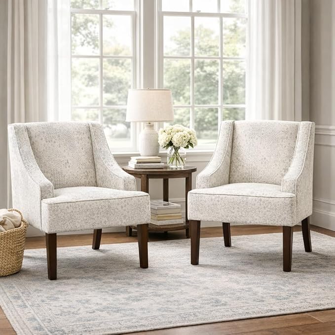 Homepop Home Decor | Upholstered Classic Swoop Arm Accent Chair | Accent Chairs for Living Room & Bedroom | Decorative Home Furniture, Cream and Gray Vintage Stencil