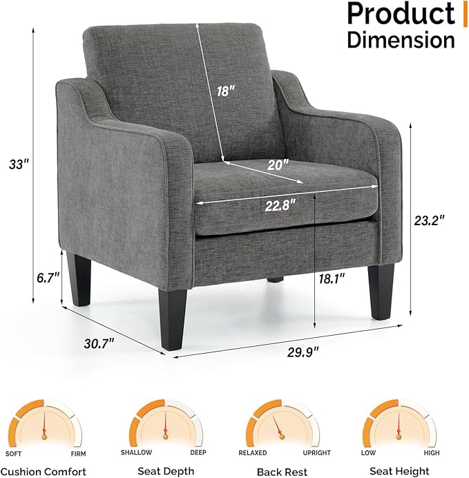 VINGLI Accent Chairs for Living Room Chairs Reading Chair Mid Century Modern Chair Soft Chenille Sofa Chair Upholstered Arm Chair Comfy Chair Side Chair (Light Grey Chenille)