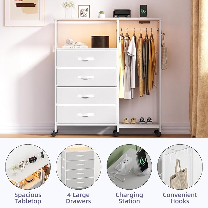 Fabric Dresser with Clothes Rack, 4 Drawers Dresser for Bedroom with Charging Station and LED Lights, Chest of Drawers with Wheels, Steel Frame, Wood Top, for Bedroom, Closet, White