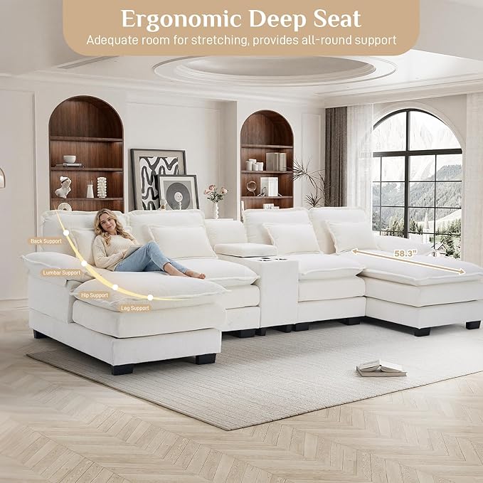 133" Oversized U Shaped Cloud Couch Modular Sectional Couches for Living Room Comfy Chenille Deep Seat Sofa Set with Double Chaise Lounge, Storage Central Console, Cup Holders, USB Port, Beige