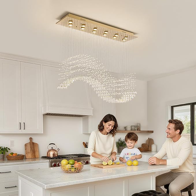 Siljoy 10-Lights Modern Crystal Chandeliers, Luxury Wave Raindrop Crystal Pedant Light Fixture, Rectangular Flush Mount Ceiling Light for Dining Room Living Room Kitchen Island 47 Inch