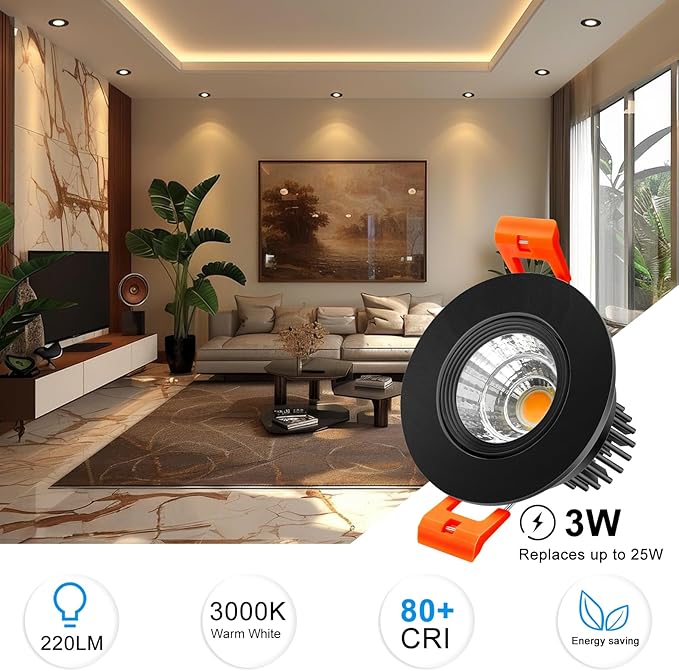 inShareplus 2 Inch LED Downlight, 3W Recessed Lighting COB Dimmable, 3000K Warm White, CRI80, Black Trim, Ceiling Lights with LED Driver, 6 Pack