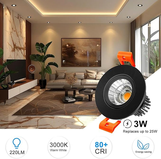 inShareplus 2 Inch LED Downlight, 3W Recessed Lighting 220LM COB Dimmable, 3000K Warm White, CRI80, Black Trim, LED Ceiling Lights with Driver, 12 Pack