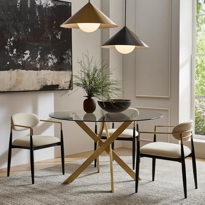 Meridian Furniture 984-T Xander Collection Modern | Contemporary Dining Table with Brushed Gold Metal Base, 48" Round Tempered Glass Top, 10MM Glass Thickness, 48" W x 48" D x 30" H, Gold