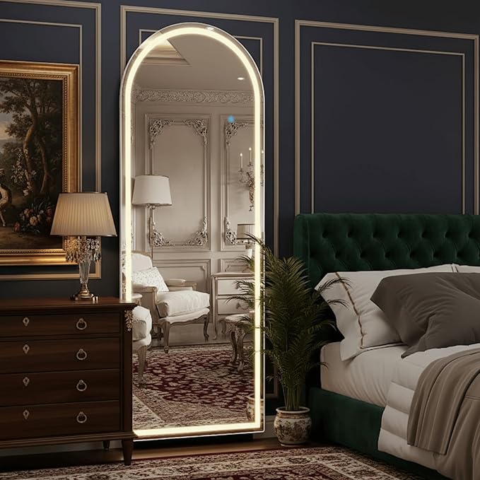 Full Length Mirror with LED Lights, 63" x 21" Arched Floor Mirror with Dimming & 3 Color Lighting, LED Body Mirrors for Home Decor, Tall Arch Aluminum Frame Mirrors for Bedroom Cloakroom