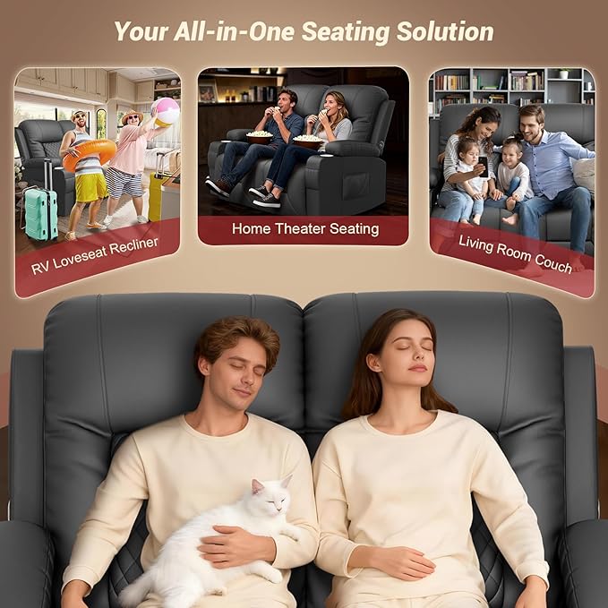 FURNIMAT 2026 Fabric Loveseat Recliner Sofa, 2 Seater Reclining Loveseat Sofa, RV Loveseat Couch, Modern Recliner Chair for Living Room, with Cup Holder and 2 Cell Phone Holders, USB Ports, Black