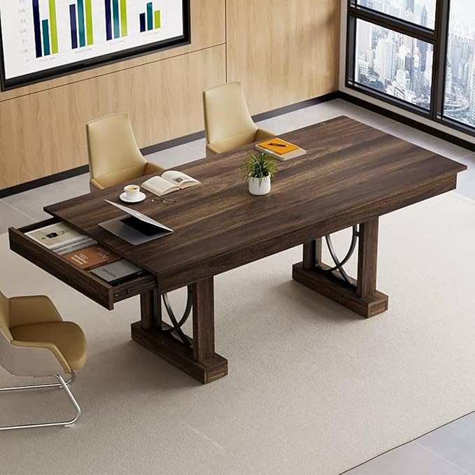 GarveeHome 71-Inch Rectangular Dining Table with Two Drawers, Wooden Kitchen Table w/Large Tabletop & Sturdy Frame, Large Dining Table for 6-8 with Double Pedestal, for Dining Room, Office