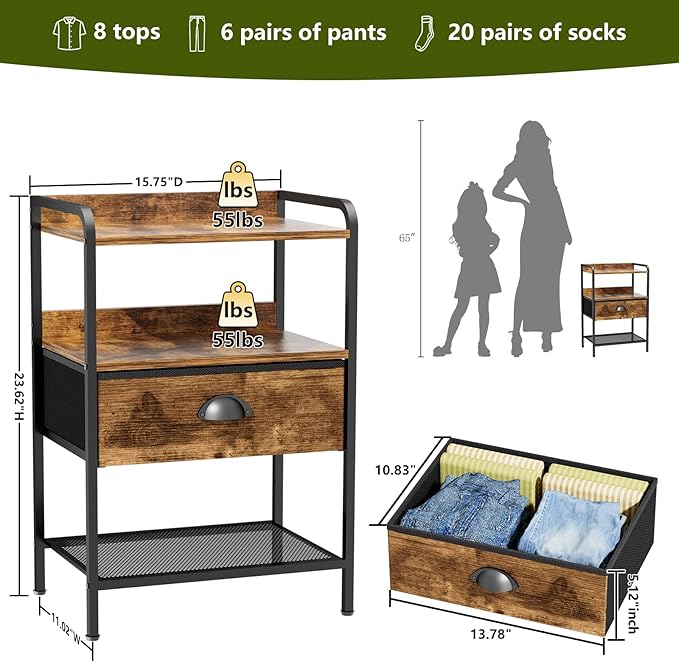 Night Stand with 1 Fabric Drawer and Sturdy Metal Frame, Modern Side Table Lightweight & Durable -55LB Load Capacity, Wear-Resistant & Easy-Clean Surface, Rustic Brown