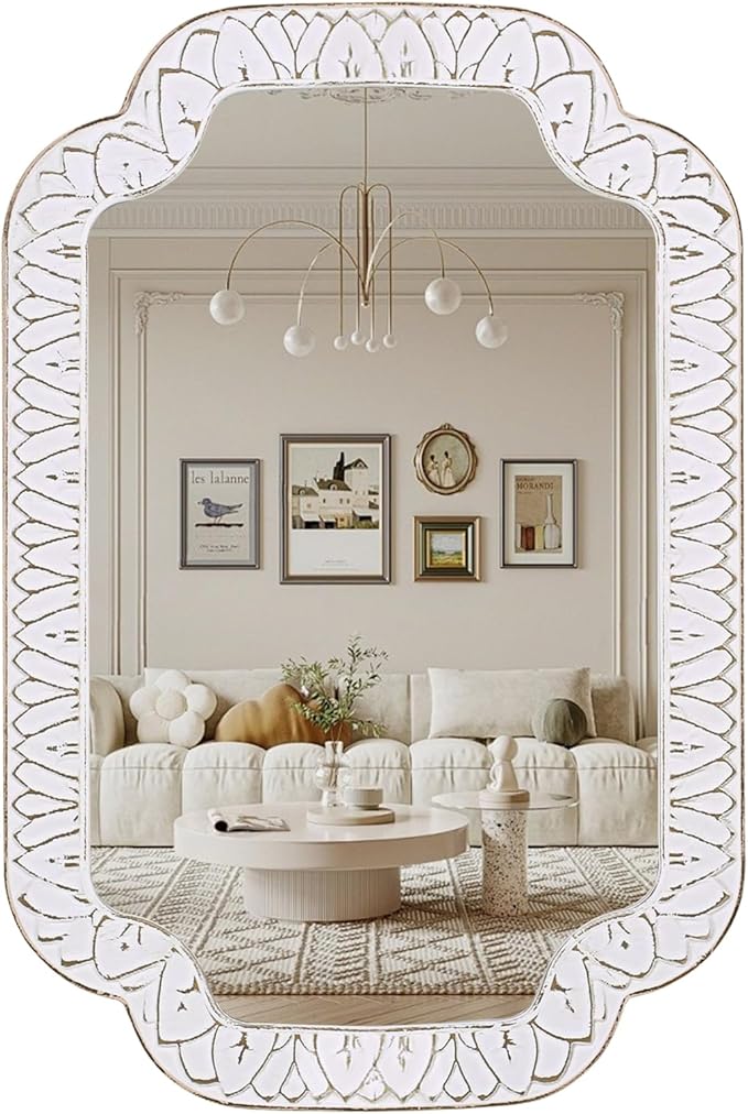 36x24 Inch Scalloped Wall Mirror with Wooden Frame, Rustic Farmhouse Bathroom Vanity Mirror, Decorative Mirrors for Living Room, Bedroom, Entryway – Vertical or Horizontal Mount