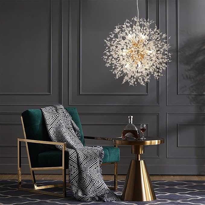 Firework Chandelier Gold, 12-Light Modern Crystal Chandelier Dandelion, 21.6" Stainless Steel Sputnik Pendant Hanging Light for Dining Room Bedroom