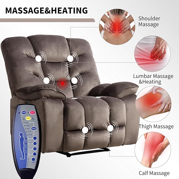 HAOMARKETS Power Recliner Chair with Massage and Heat, 41" Wide Electric Reclining Chairs with USB Port, Breathable Fabric Overstuffed Reclining Sofa for Living Room, Brown