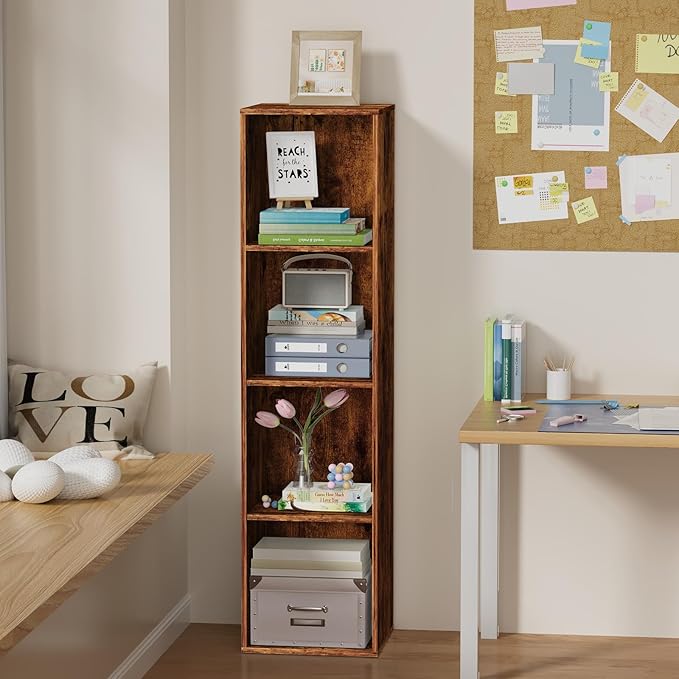 4 Tier Bookshelf, Freestanding Corner Storage Shelve Book Case for Narrow Space, 4 Cube Storage Organizer Small Bookcase for Home Office Living Room (Retro Brown, 4 Cube)