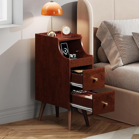 WLIVE Small Nightstand with Drawers, Narrow Bedside Tables with Open Shelf & Cable Hole, Narrow Nightstand for Bedroom, Modern Storage Cabinet for Small Spaces/Living Room, Cherry
