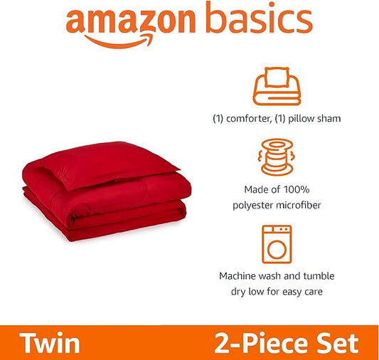 Amazon Basics 2-Piece Microfiber Kid's Comforter and Pillow Sham Set, All Seasons, Twin, Red, Solid