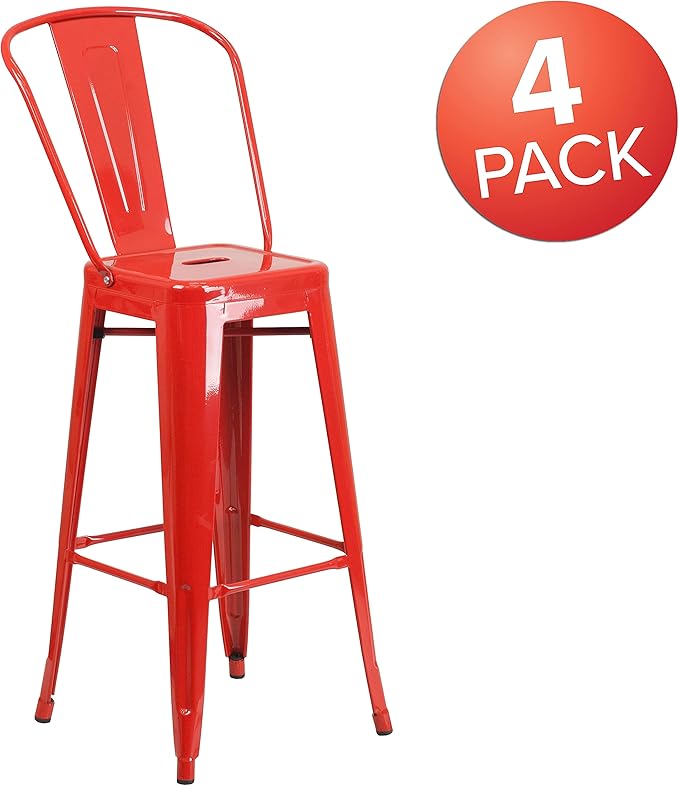 Flash Furniture Lily Commercial Grade 4 Pack 30" High Red Metal Indoor-Outdoor Barstool with Removable Back