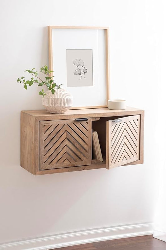 Kate and Laurel Mezzeta Decorative Two-Door Wall Cabinet; 30 x 10 x 14; Natural Wood; Decorative Modern Storage Cabinet for Use as Floating Nightstand or Floating TV Shelf