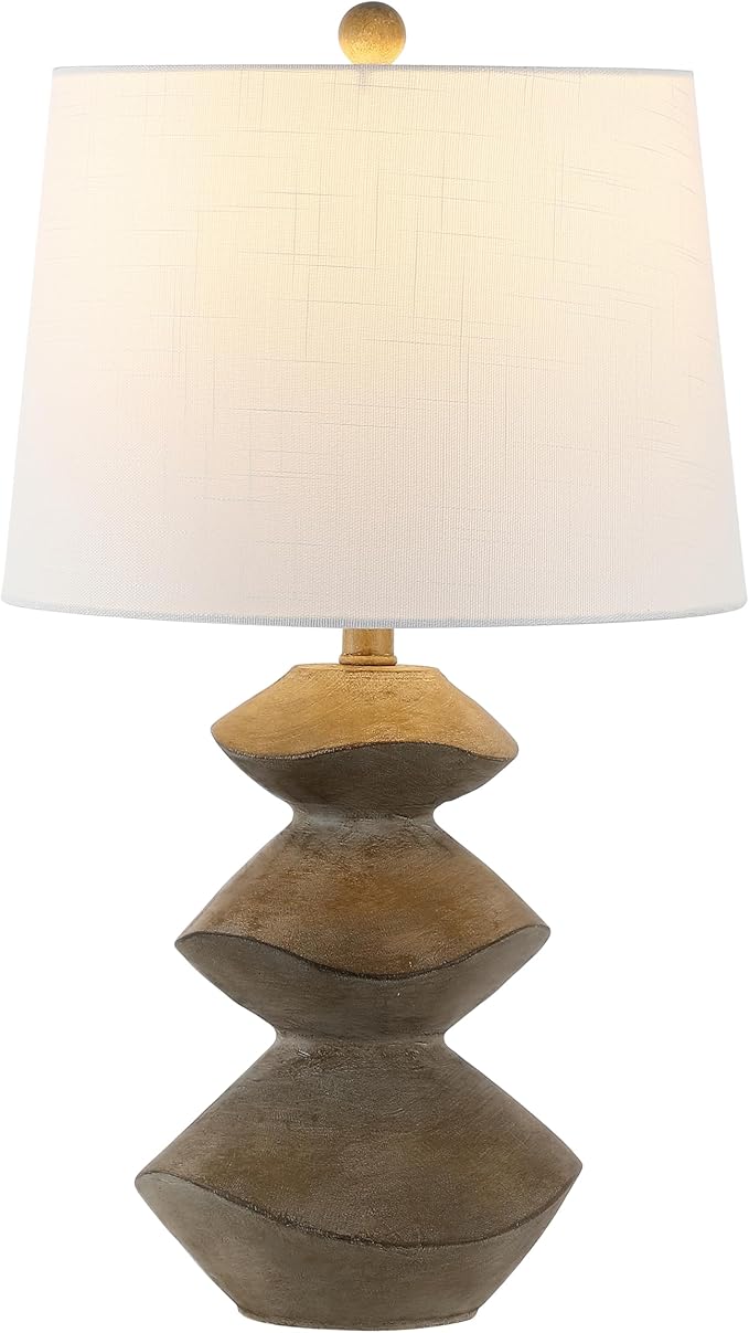 JONATHAN Y 24.5" Brown Wood Finish Coastal 3-Stack Cairn LED Table Lamp for Living Room, White Linen Shade, Rustic Mid-Century Modern Bedside Lamp for Bedroom Office JYL4061A