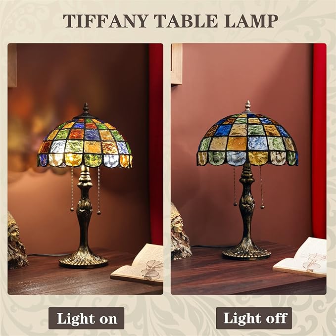 Tiffany Lamp Crystal Square Style,Stained Glass Table Lamp 12" Vintage Living Room Office Bedroom Bedside Reading Lamp,Handmade Tiffany Desk Light -Decorate Gift (2 LED Bulb Included)