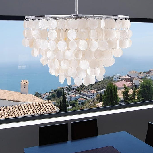 Wellmet Natural Capiz Shell Chandelier, 6 Lights Coastal Modern Capiz Chandelier Pendant Lighting, Hanging Round Layered Chandelier for Living Room, Dining Table, Bedroom, Kitchen, Foyer, W-23.62”