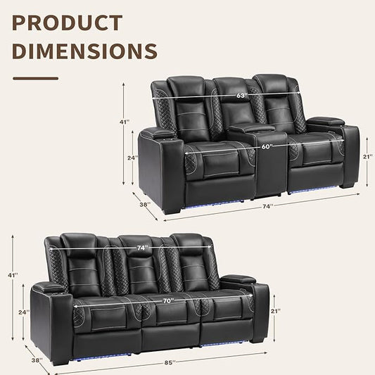 ANJ Modular Power Recliner Set: 5-Seat Home Theater Seating,3 Seat Recline Sofa and Loveseat (Center Console & Fixed Middle), LED Lights, USB Charging, Faux Leather for Living Room (Black)