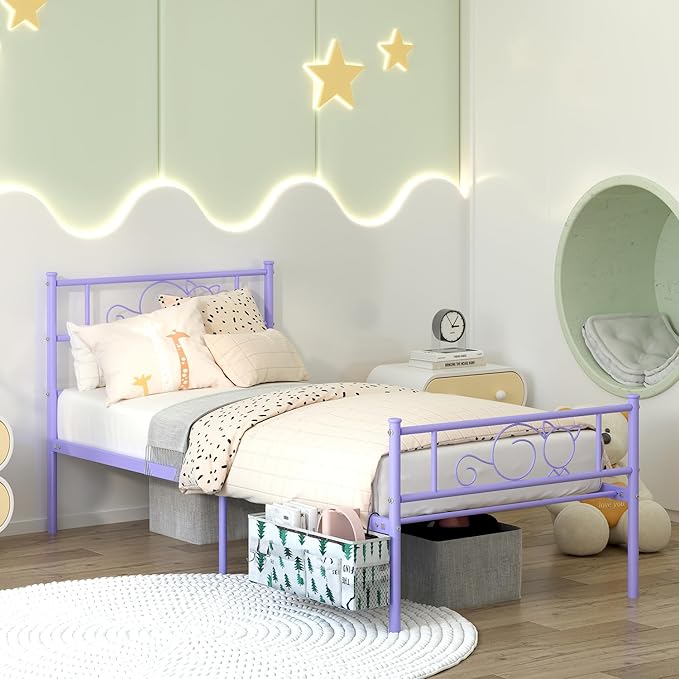 GIME Purple Twin Size Metal Bed Frame for Kids/Girls/Teen/Adult, Cute Cat Design Platform Bed with Hanging Storage Bag, Sturdy Metal Slat Support, No Box Spring Needed, Easy Assembly