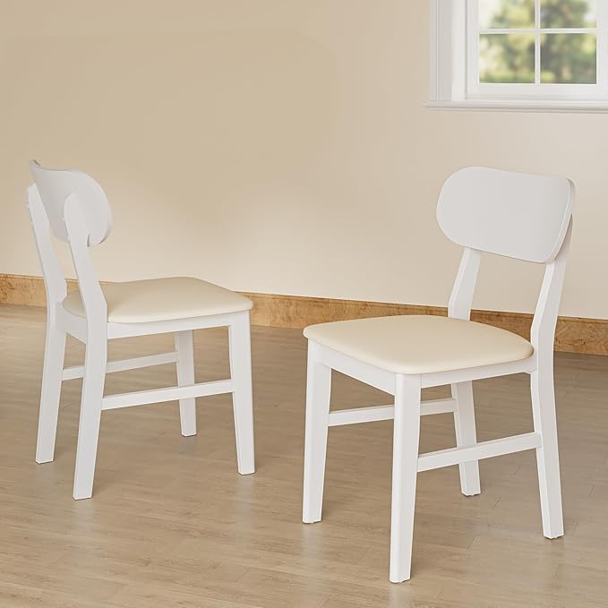 Farmhouse Dining Chairs Set of 2, Solid Wood, Modern Leather Upholstered Kitchen Chairs, Side Seating for Kitchen, Dining Room, Living Room, Home Office, Terrace, 350LBS Capacity, White