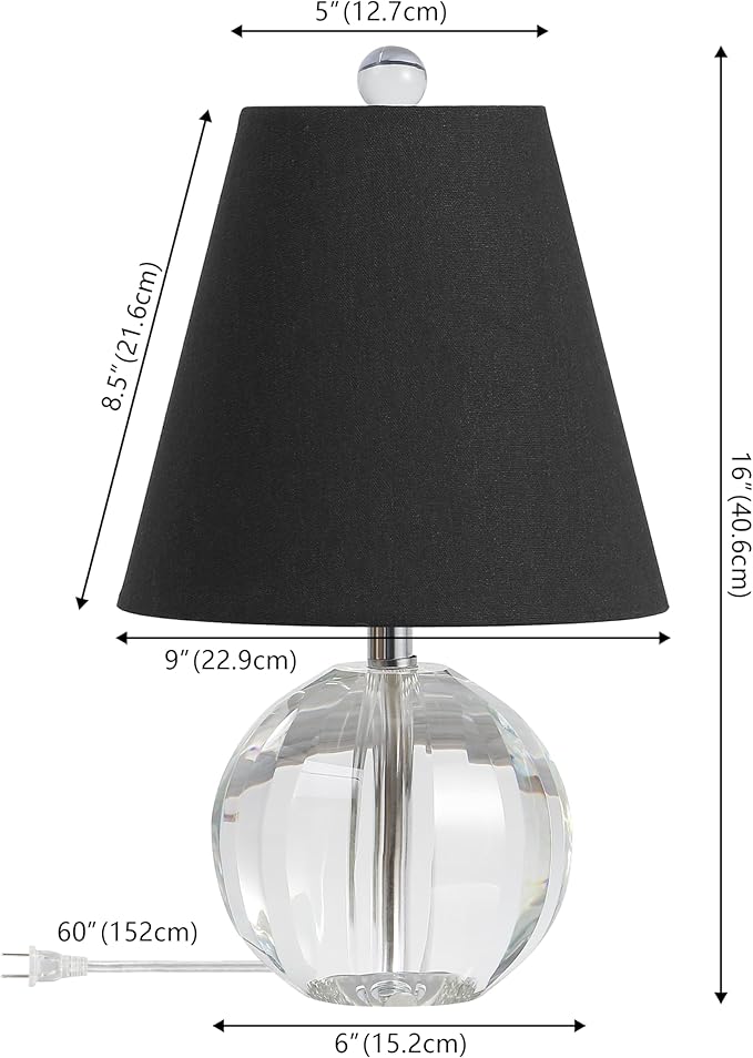 JONATHAN Y 16" Clear/Black Crystal Ball LED Table Lamp, White Modern Bedside Lamp, with White Linen Empire Shade, Glam Orb Glass Nightstand Lamp for Living Room, LED Bulb (JYL2079B)