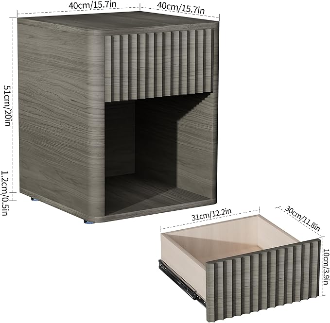 VICITON Fluted Narrow Night Stand,Thin Nightstand with Leather Surface, Small End Table with Storage, Living Room/Bed Side Table for Small Spaces (Gray, Large)