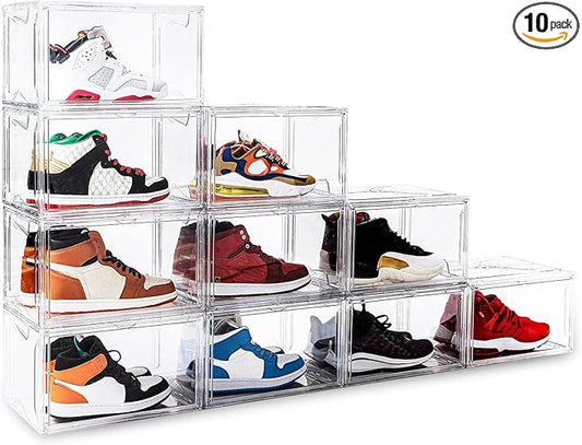 KDOR Shoe Box Clear Plastic Stackable for Sneakers,Closet,Hat. 10 Pack Sneaker Storage Boxes with Magnetic Door, Acrylic Display Case, Strong and Sturdy Fit Shoe Size Up to US 15