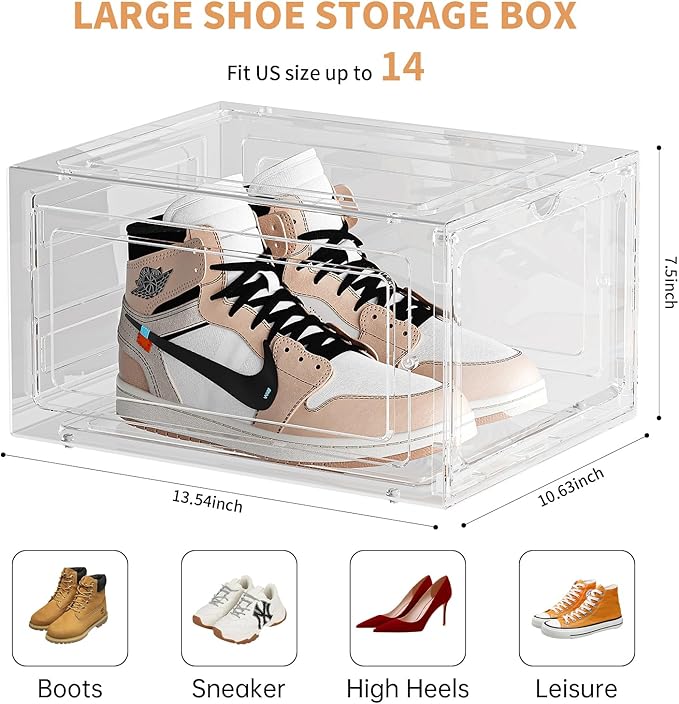 Large Shoe Boxes Clear Plastic Stackable 9 Pack Shoe Storage Organizer for Closet/Entryway, Drop front Shoe Box with Magnetic Door, Shoe Display Case, Fit up to US size 14