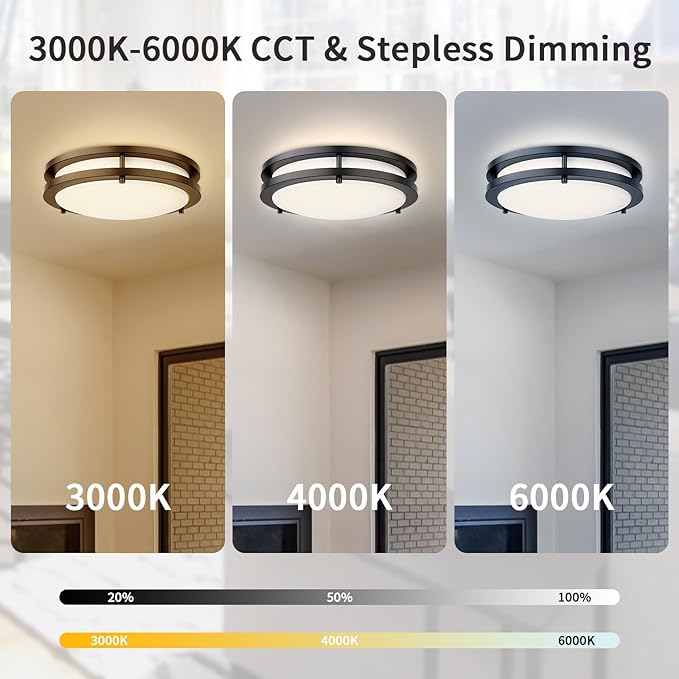 Flush Mount Ceiling Light with Remote: 2 Pack 16 Inch Lights fixture, 3000K-4500K-6000K Adjustable 3 Color Temperature, Dimmable Lighting Fixtures for Kitchen Bedroom Hardwired Installation (Black)