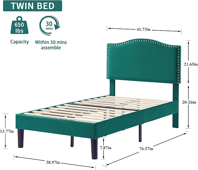VECELO Twin Bed Frame, Platform Bed Frame with Adjustable Height Upholstered Headboard, Heavy-Duty Frame and Strong Wooden Slats Support, Non-Slip and Noise-Free, Easy Assembly, Dark Green
