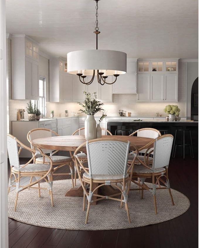 Drum Shade Collection 5-Light White Textured Linen Shade Farmhouse Chandelier Light Antique Bronze