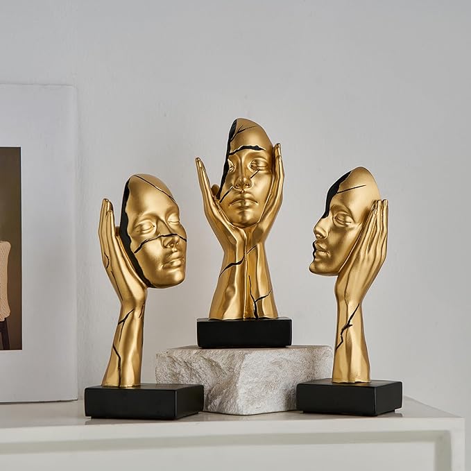 Gold Art Statues Home Decor 7.5" H Resin Face Sculptures for Coffee Table Bookshelf Office Desk, Modern Abstract Art Sculptures Living Room Office Decorations