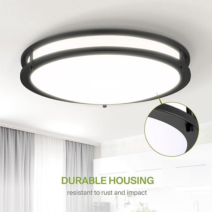 ASD LED 18" Round Flush Mount Lighting, Close to Ceiling Light Fixture | 3CCT, Dimmable, Energy Star, ETL Listed | 28W 2230LM 3000-5000K 120V | Low Profile Double Ring Lamp | Black, 2 Pack