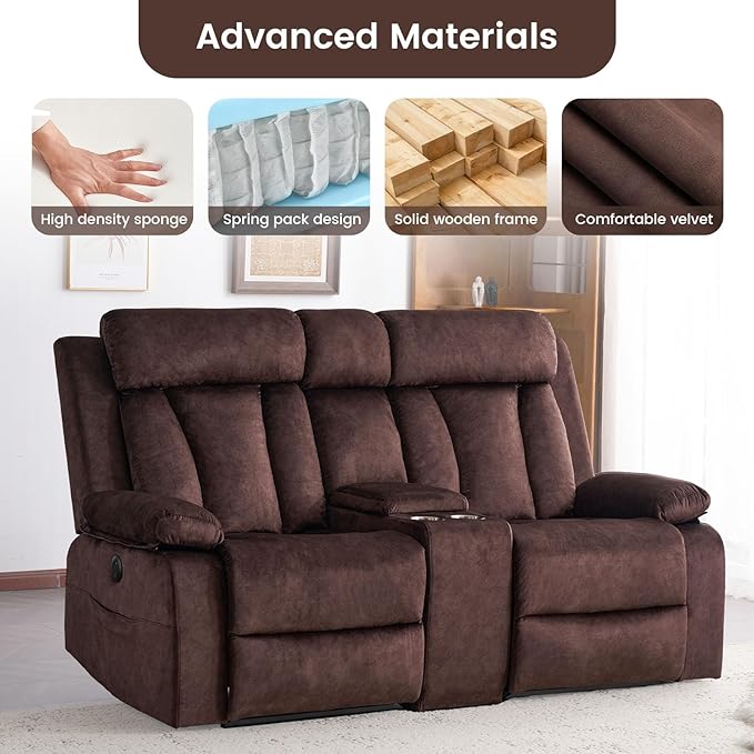 Power Loveseat Recliner Sofa with Heat and Massage, Double Recliner Loveseat with Console, RV Recliners-Wall Hugger Reclining Couch with USB & Type C for Living Room, RV,Home Theater | Heat and Massage, Console, USB & Type C
