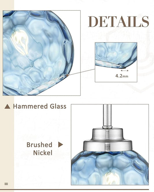 8 Inch Modern Farmhouse Pendant for Kitchen Island, Adjustable Height Hanging Fixture with Blue Hammered Glass, Brushed Nickel, Dining Room Entryway - PL101HBL-L
