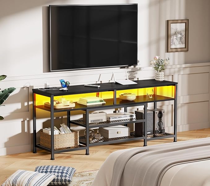 Furologee TV Stand with Power Outlets and LED Lights, 55 Inch Entertainment Center for 55 60 Inch TVs, Media Console Table with Open Shelves, for Bedroom, Living Room, Black